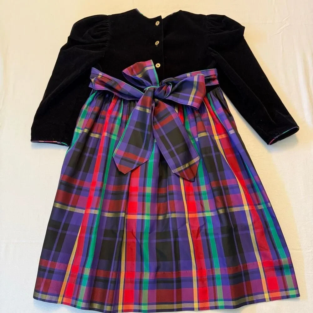 Vintage Polly Flinders | Velvet & Plaid Holiday Dress | Gold Button Back | Girls